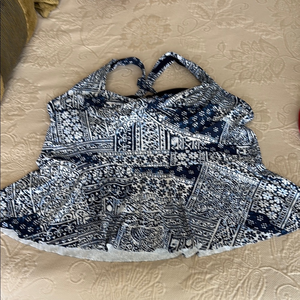 SALE! Lands' End Blue and White patchwork back cross Tankini top